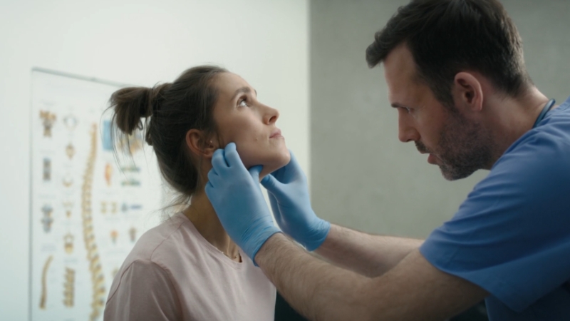 Lekar pregleda vrat pacijentkinje tokom pregleda štitne žlezde u ordinaciji